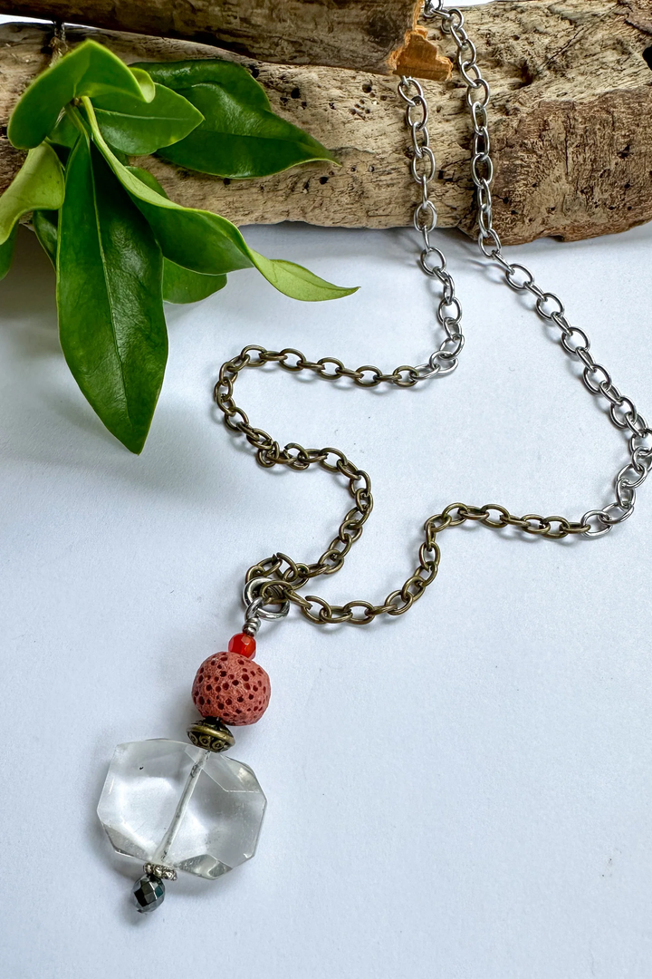Simple Brass Necklace w/ Handwrapped Quartz and Gemstone