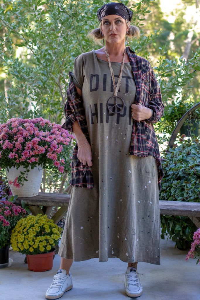 Paint Splattered Dirty Hippie Dress in Vintage Olive