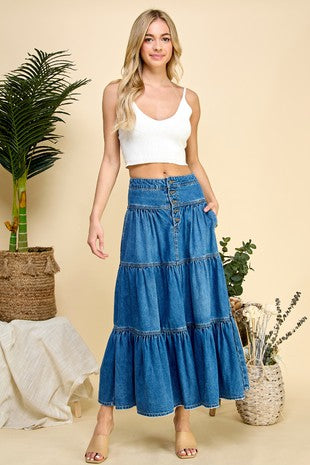 Shelby May 3 Button Tiered Denim Maxi Skirt