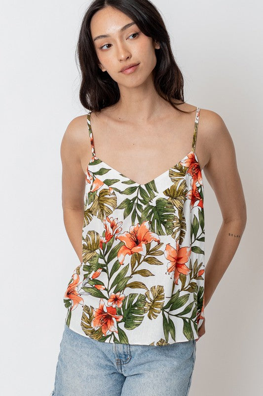 Sale - Tropical Gal Printed Simple Cami Top w/ V Neck