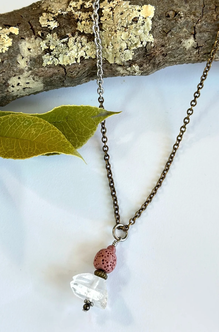 Simple Brass Necklace w/ Handwrapped Quartz and Gemstone