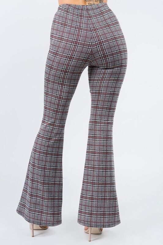 Plaid Print Pull On Hippie Flare Pants Leggings Layering Comfy Sophisticated