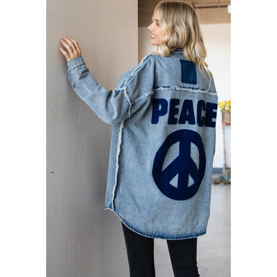 Sale - Peace Out Patched Long Oversized Denim Jacket w/ Button Down & Peace Sign