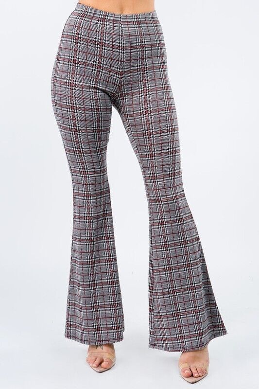 Plaid Print Pull On Hippie Flare Pants Leggings Layering Comfy Sophisticated