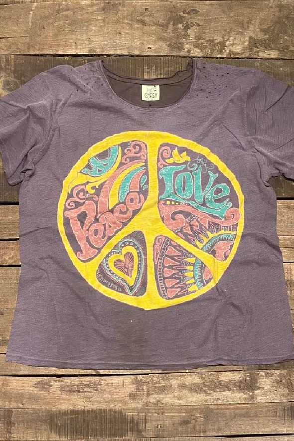 Moon Dance Distressed Cotton Tee Top in Peace & Love