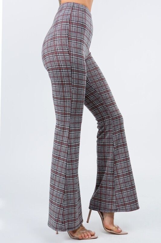 Plaid Print Pull On Hippie Flare Pants Leggings Layering Comfy Sophisticated