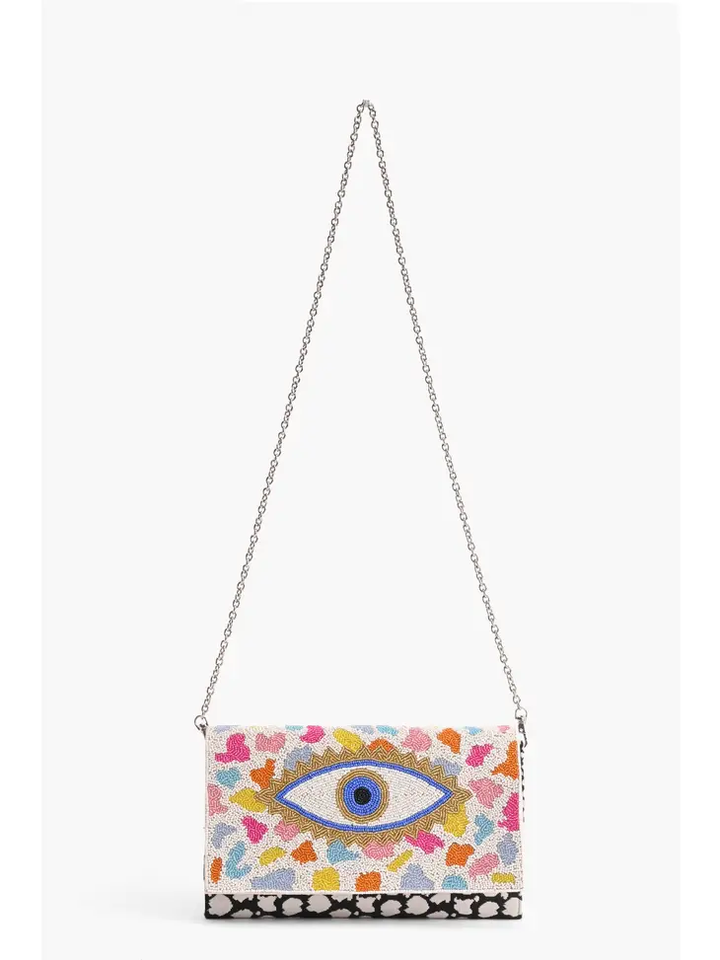 Rainbow Evil Eye Embroidered Accent Clutch