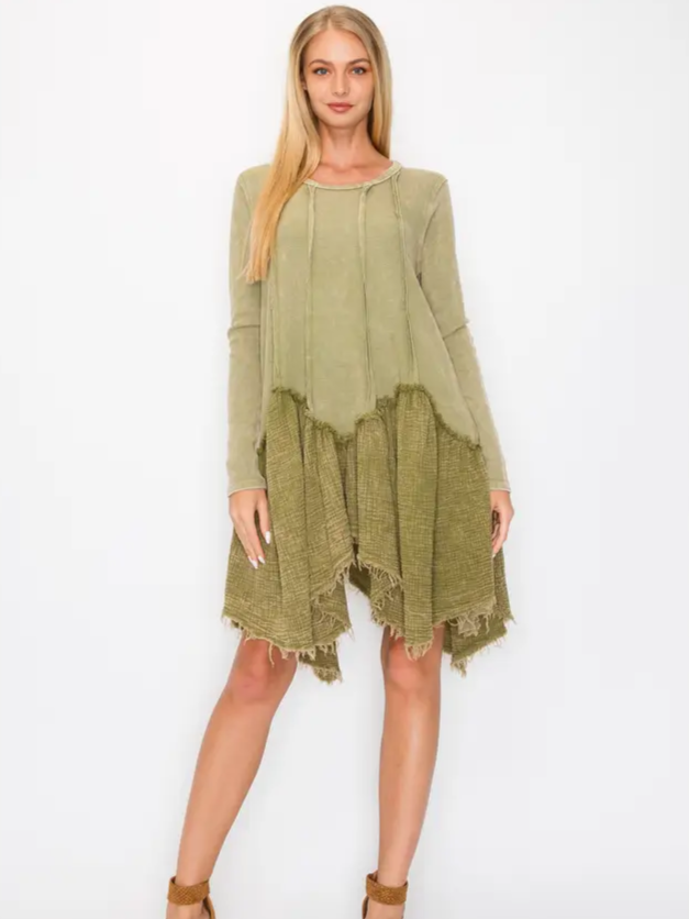 The Vikki Washed Mixed Fabric Uneven Hem Tunic Top