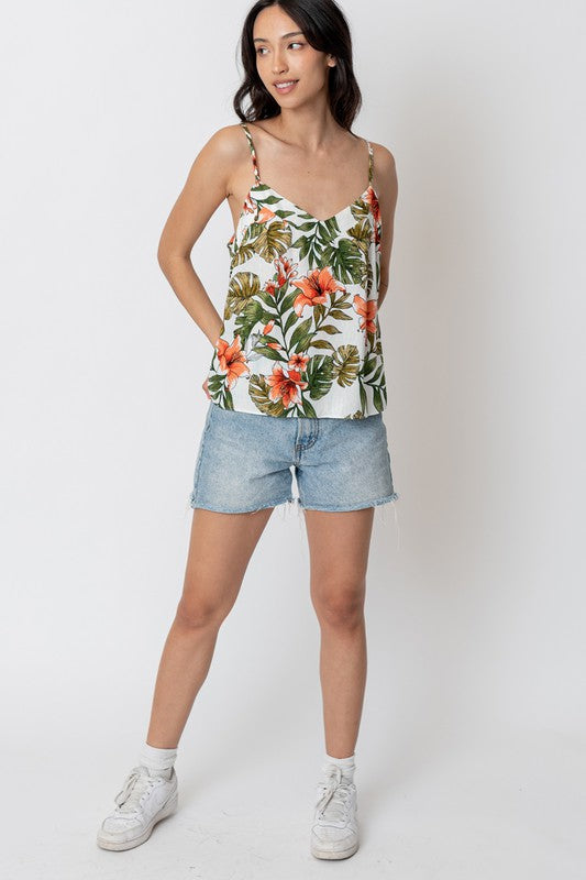 Sale - Tropical Gal Printed Simple Cami Top w/ V Neck