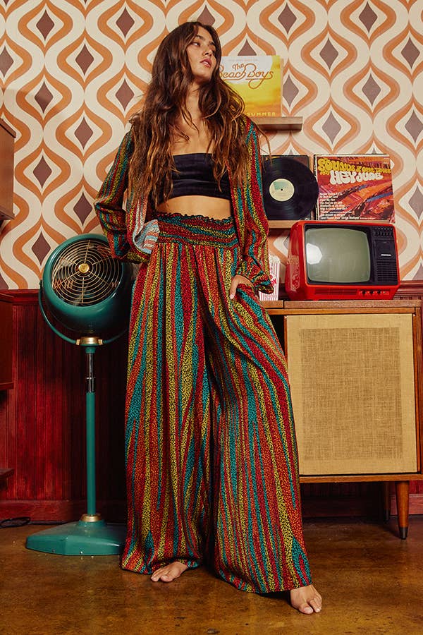 Sale - She's a Vibe Multi Color Smocked Waist Band Wide Leg Maxi Pants