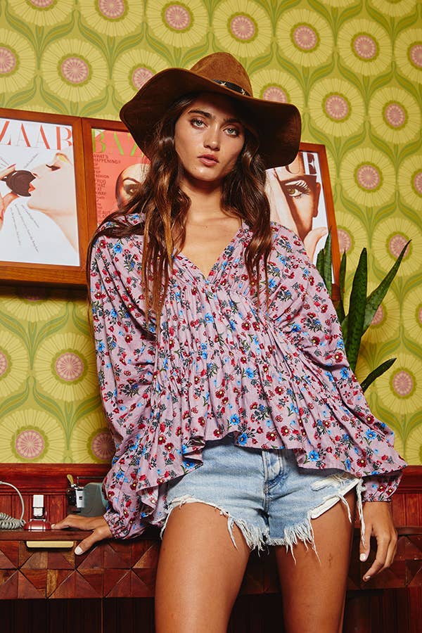 Floral Print Pleating Loose Fit Blouse Top