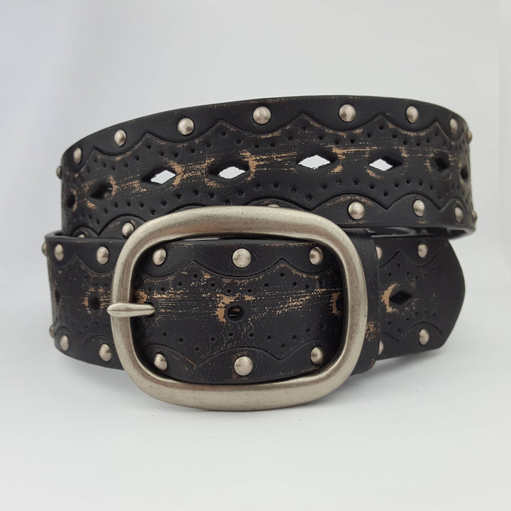 Vintage Hand Distressed Leather Studded Belt