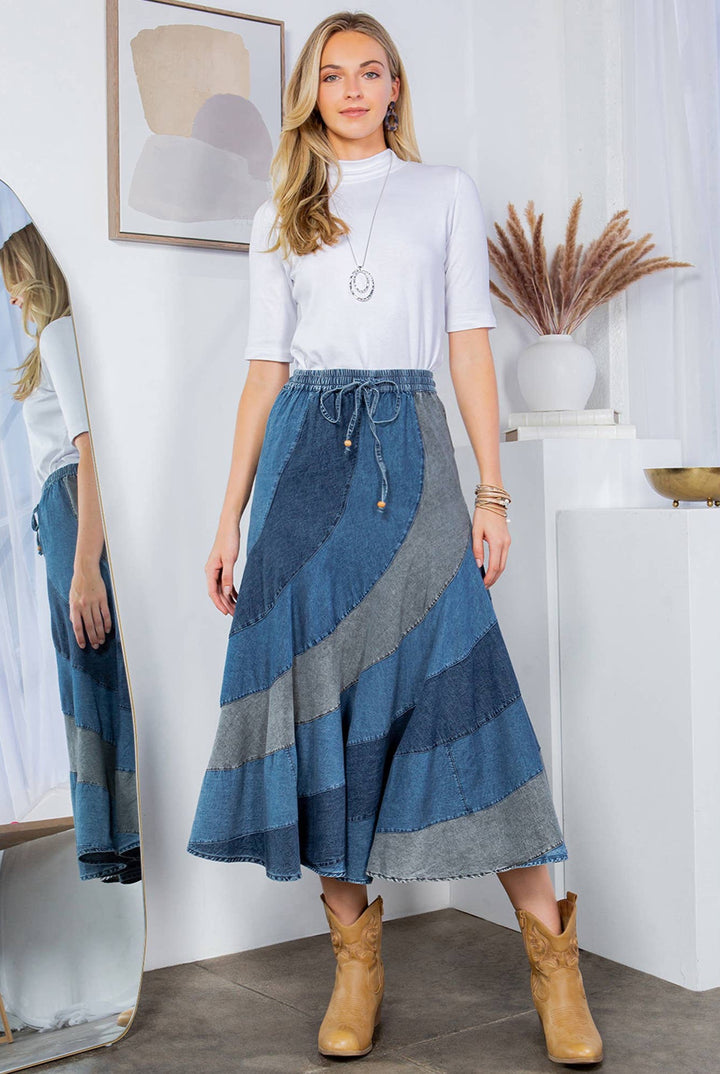 Sale Denim Magic Mid-Length Skirt With Asymmetrical Patchwork