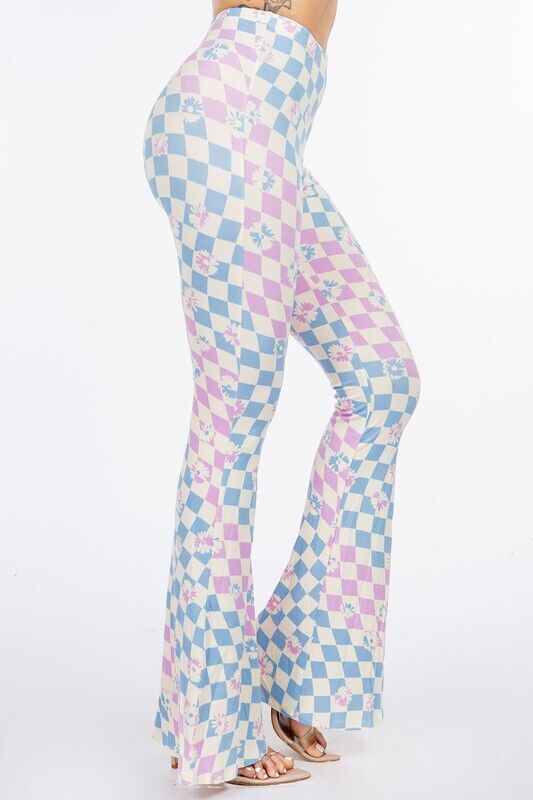 Sale - In Check Retro Flower Lightweight Pull On Flare Pant